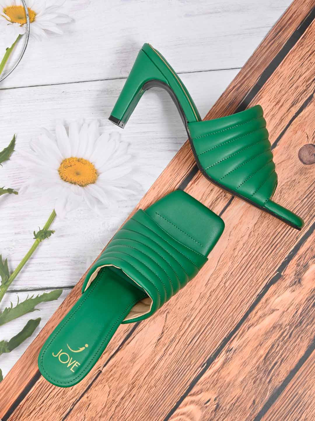 Jove Green Embellished PU Textured Open Toe Heels