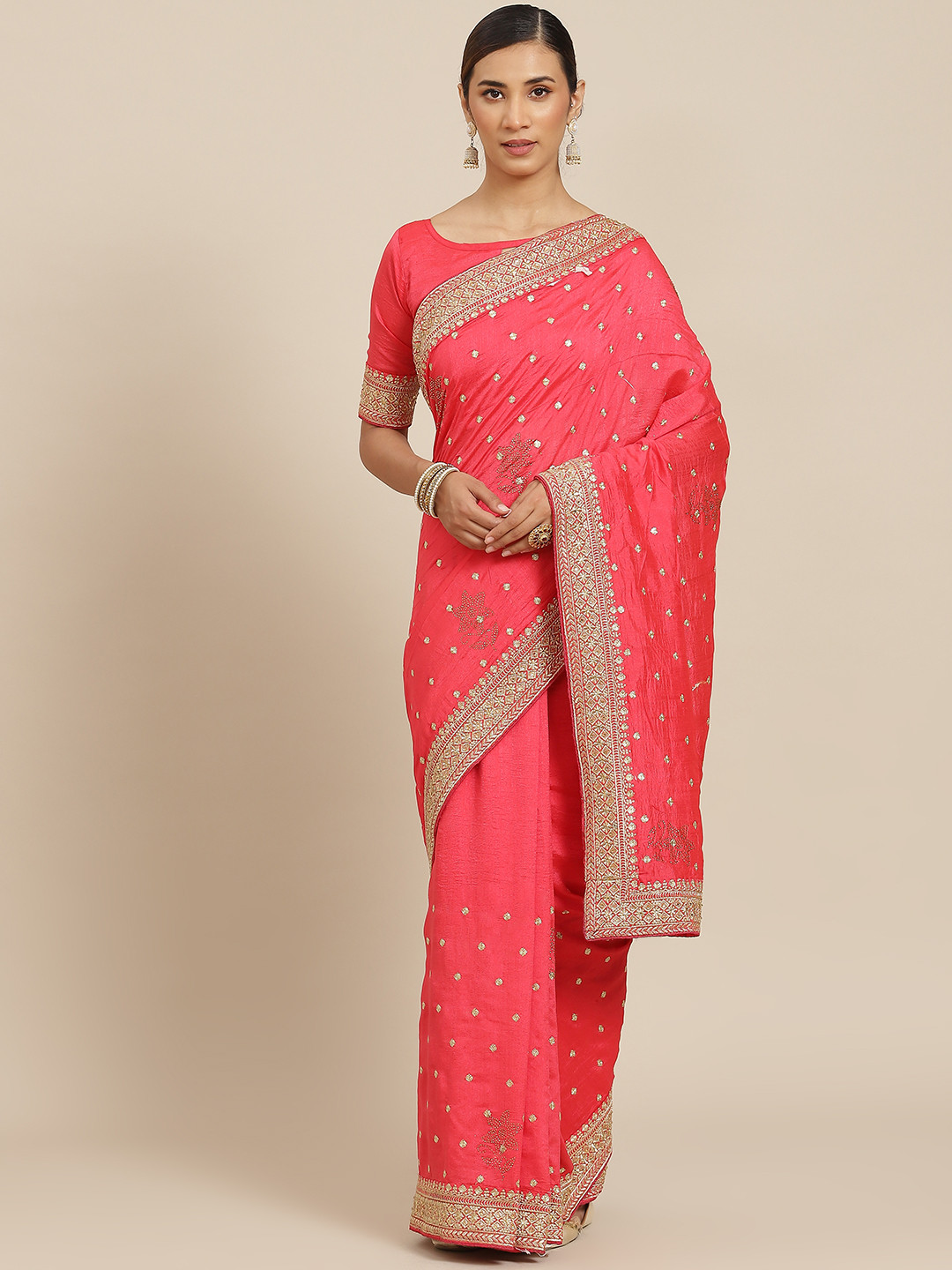 Kalista Pink Ethnic Motifs Zari Saree