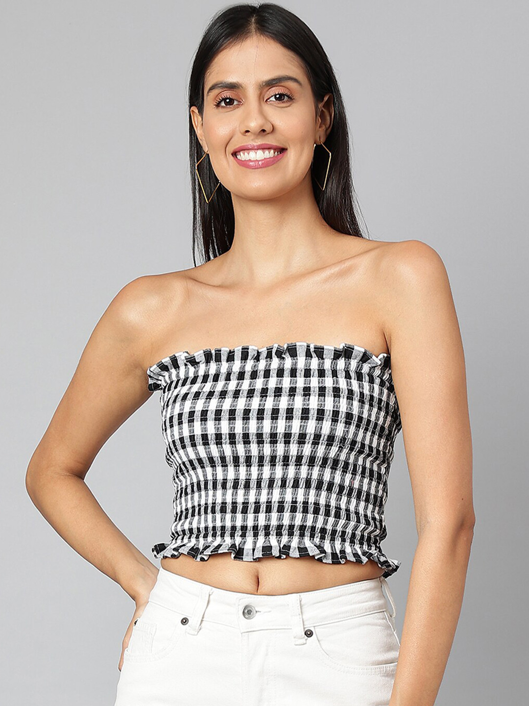 FINSBURY LONDON Black Checked Smocked Tube Crop Top