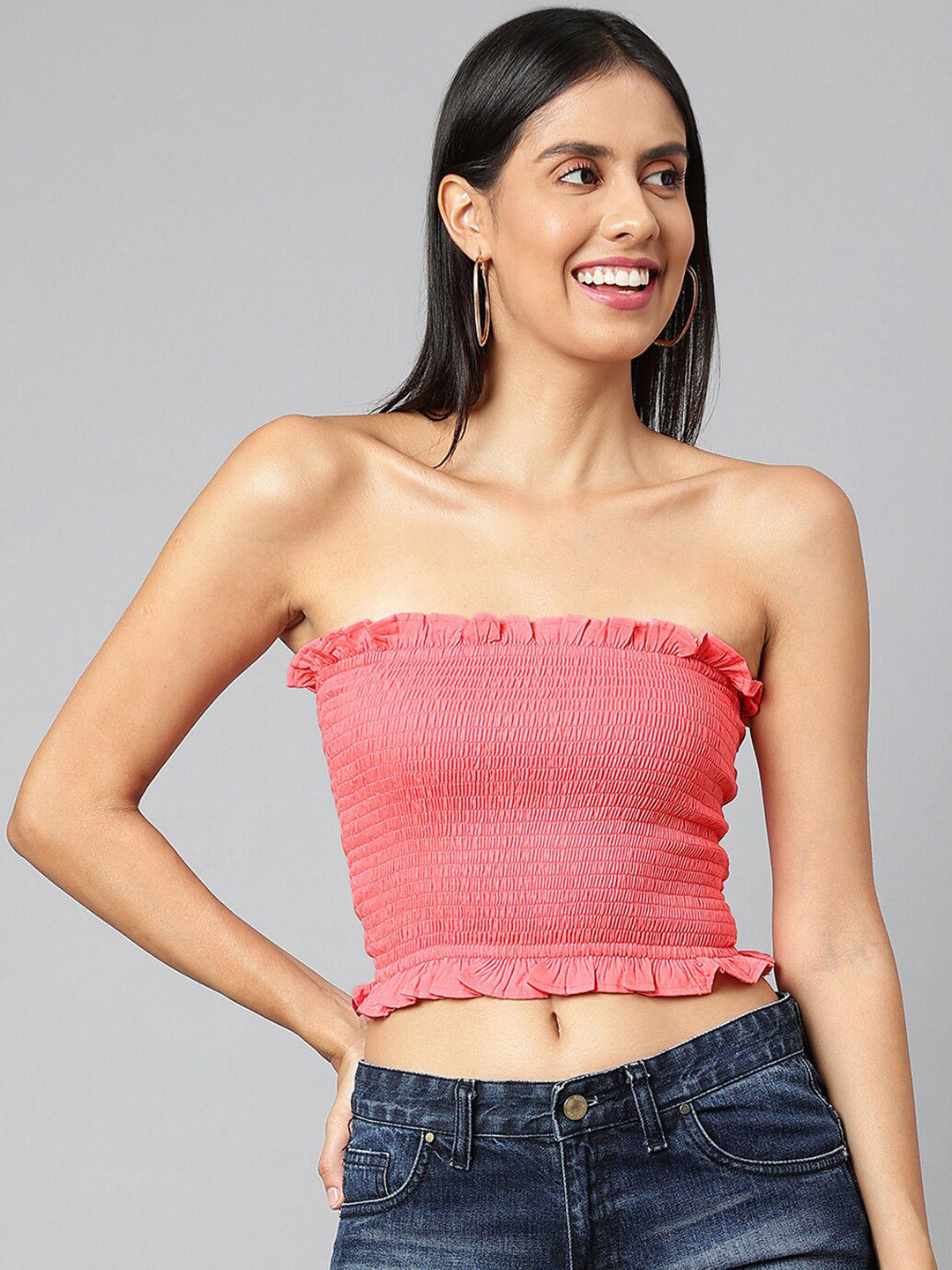 FINSBURY LONDON Peach-Coloured Smocked Tube Crop Top