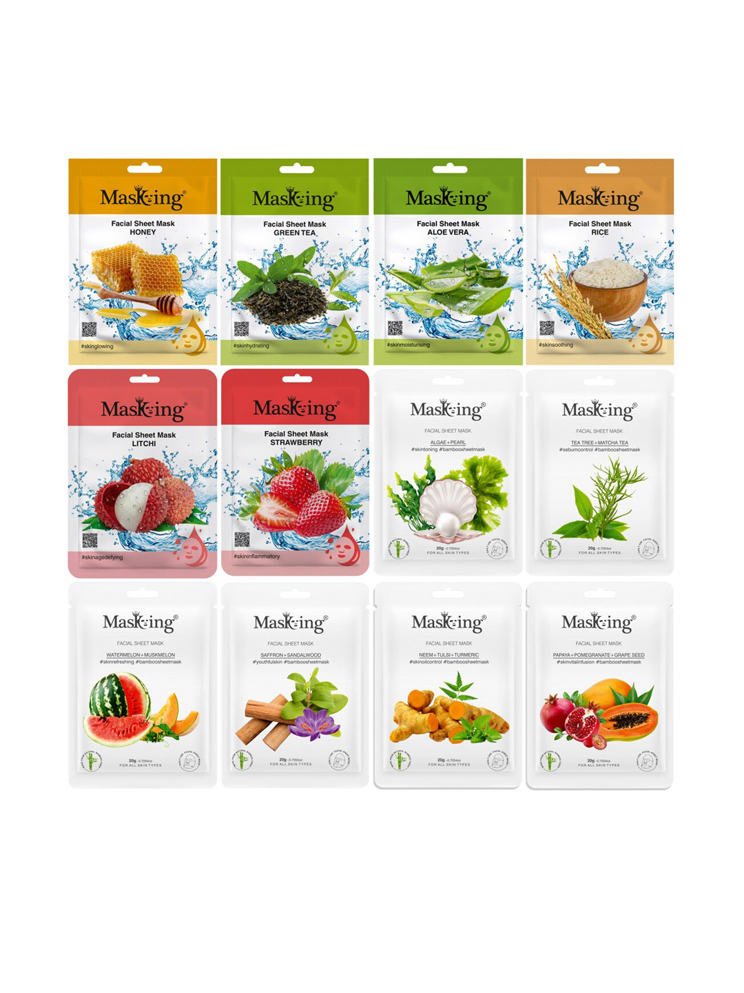 MasKing Set of 12 Natural Bamboo Beauty Facial Sheet Masks - 20 g Each