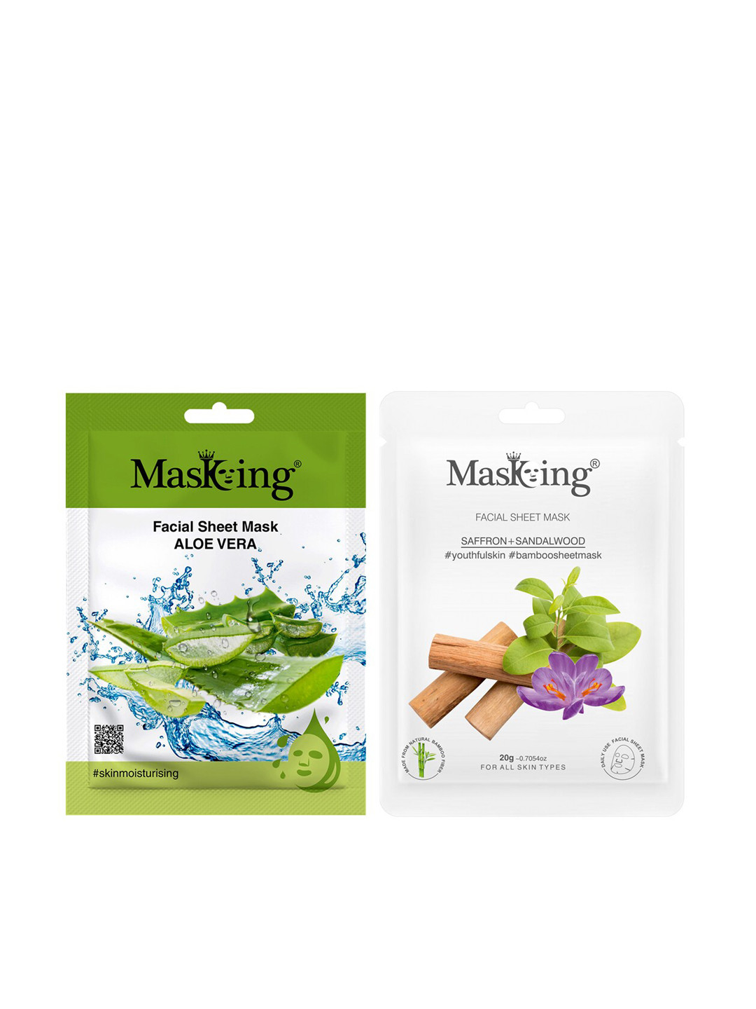 MasKing Set of 2 Bamboo Facial Sheet Masks - Aloe Vera + Saffron & Sandalwood - 20g each