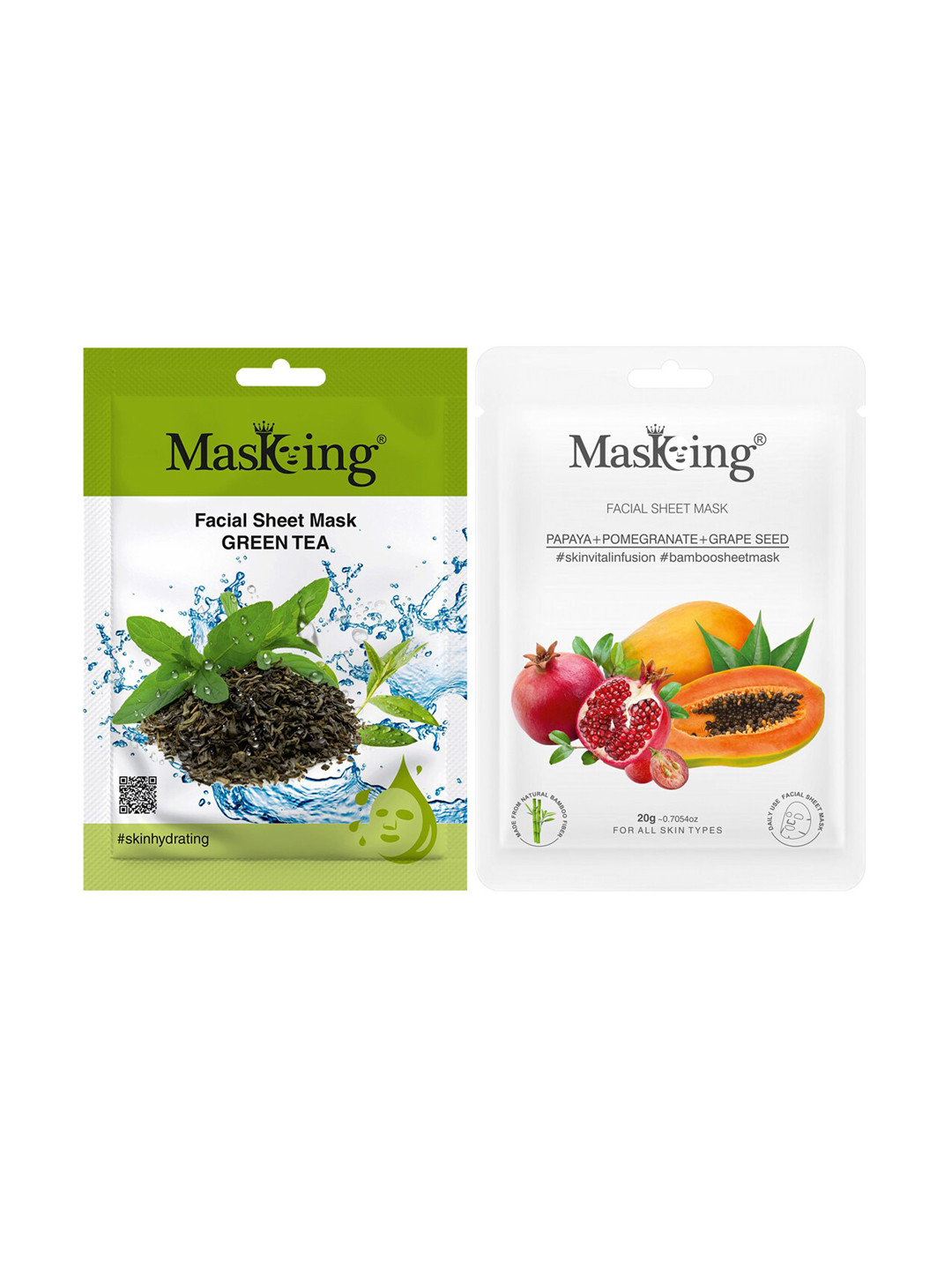 MasKing Set of 2 Bamboo Facial Sheet Masks - Green Tea + Papaya & Pomegranate - 20g each