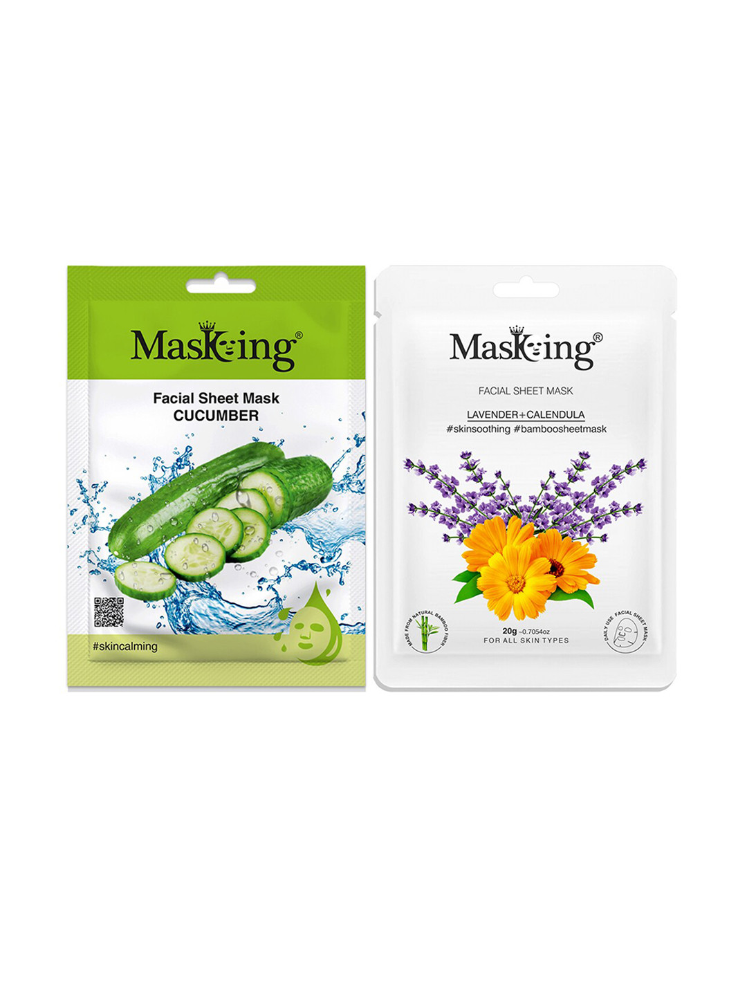 MasKing Set of 2 Bamboo Facial Sheet Masks - Cucumber + Lavender & Calendula - 20g each