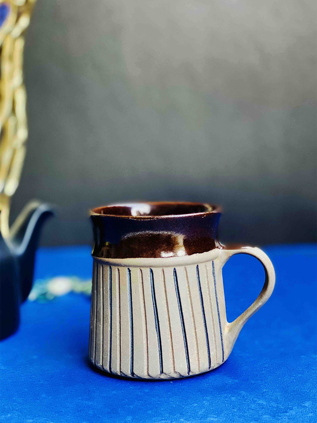 Folkstorys Cream Striped Ceramic Handmade Mug-320ml