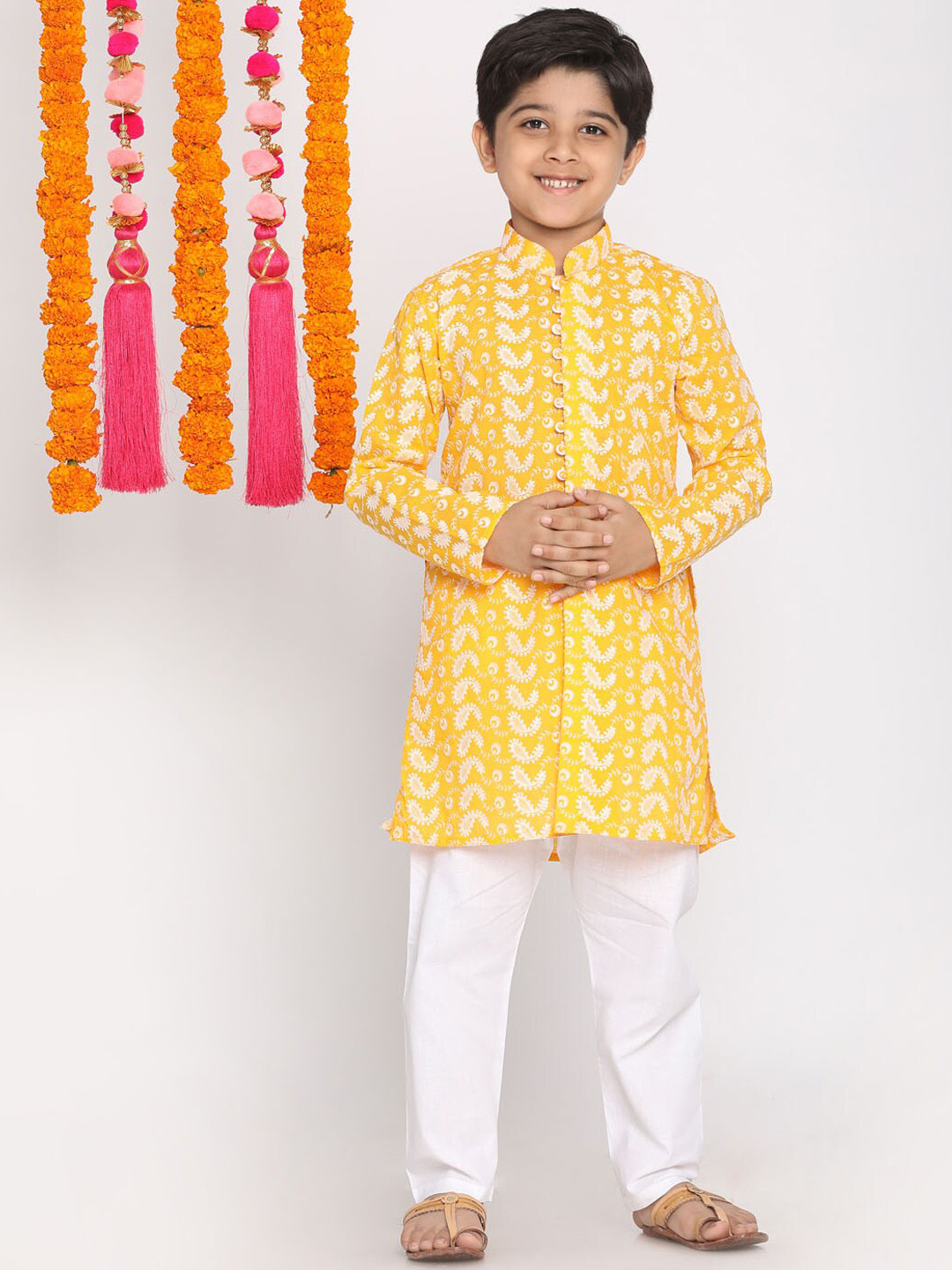 VASTRAMAY Boys Orange Floral Printed Chikankari Pure Cotton Kurta with Pyjamas
