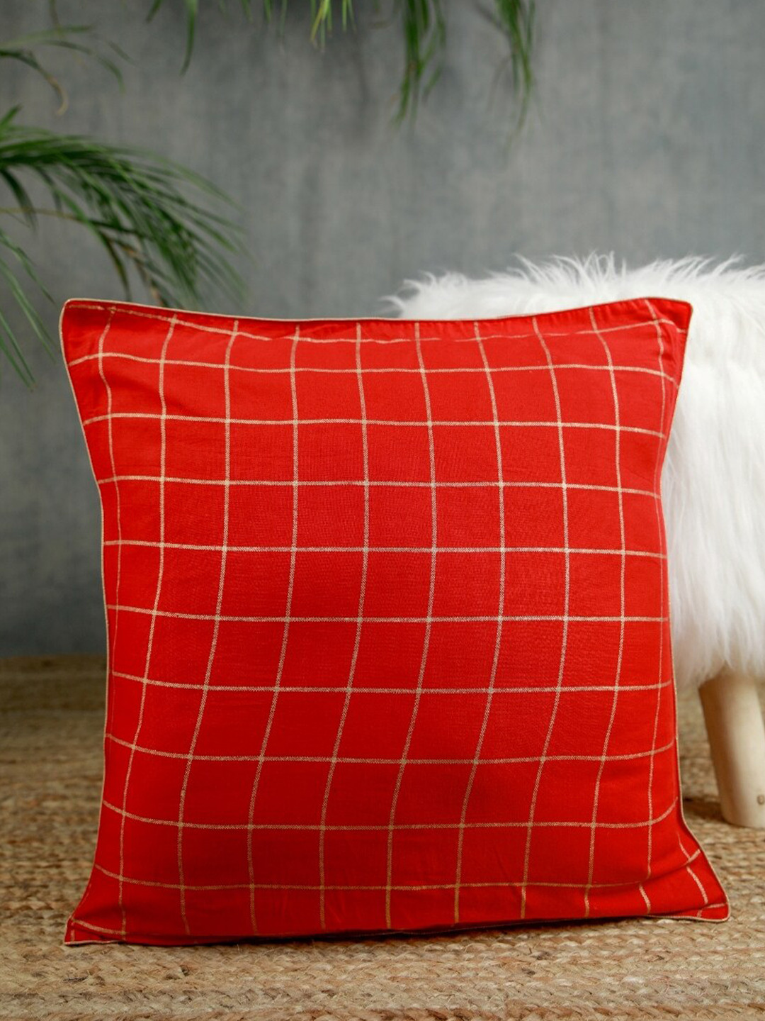 Jaipur Folk Red & Gold-Toned Set of 2 Checked Cotton Square Cushion Covers