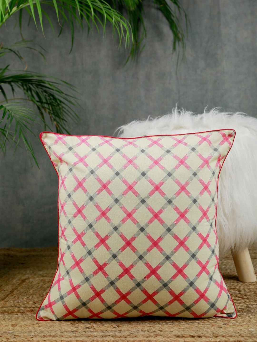 Jaipur Folk White & Pink Set of 2 Checked Cotton Square Cushion Covers