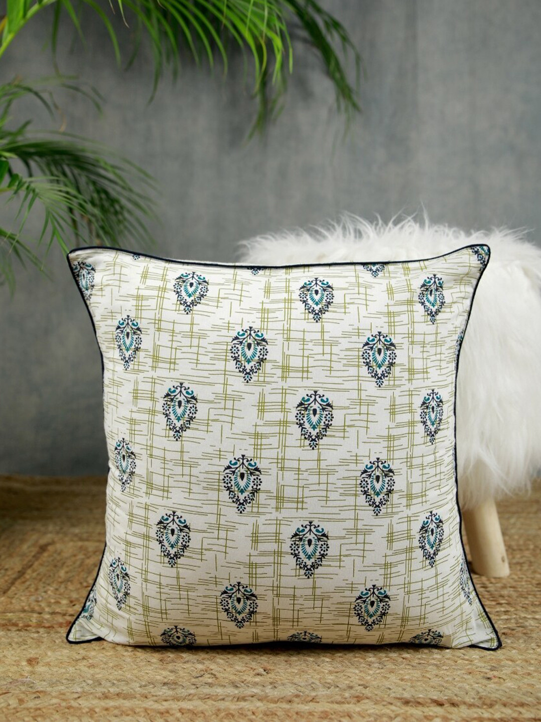 Jaipur Folk Blue & White Set of 2 Floral Square 16X16 Inches Cushion Covers