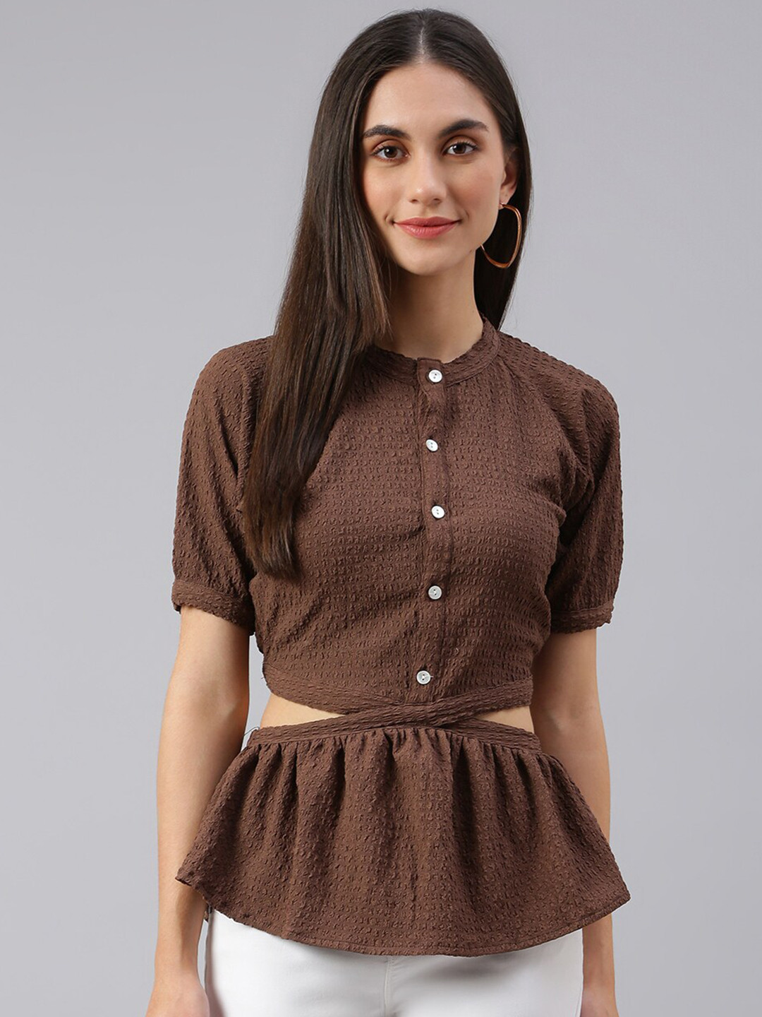 FLAMBOYANT Brown Mandarin Collar Peplum Top
