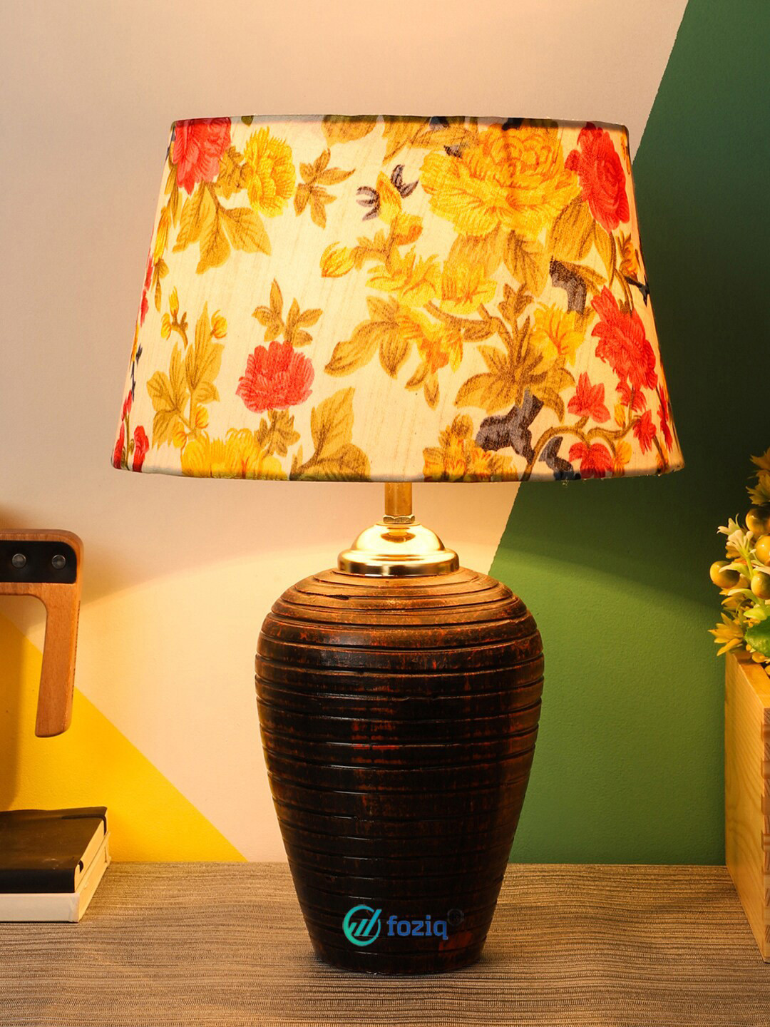foziq Brown & White Floral Printed Table Lamp With Shade