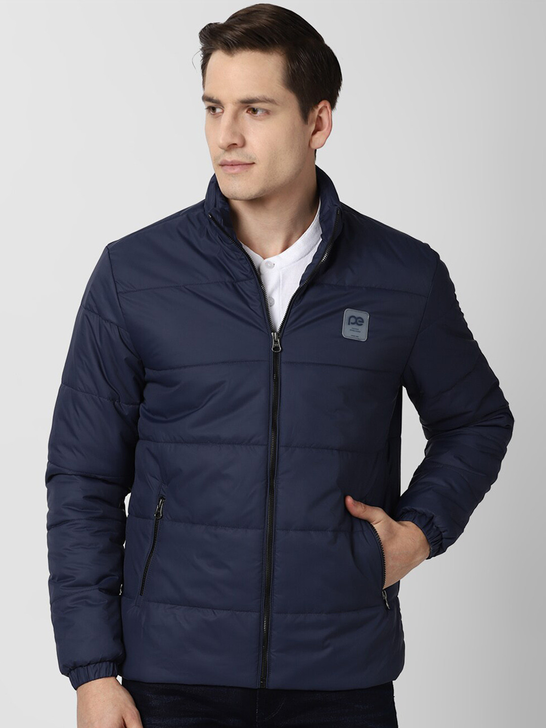 Peter England Casuals Men Navy Blue Puffer Jacket with Patchwork