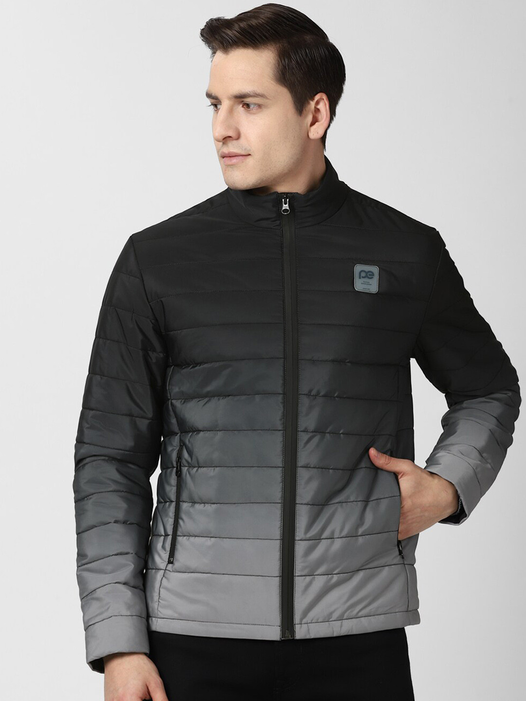 Peter England Casuals Men Grey Geometric Crop Padded Jacket with Patchwork