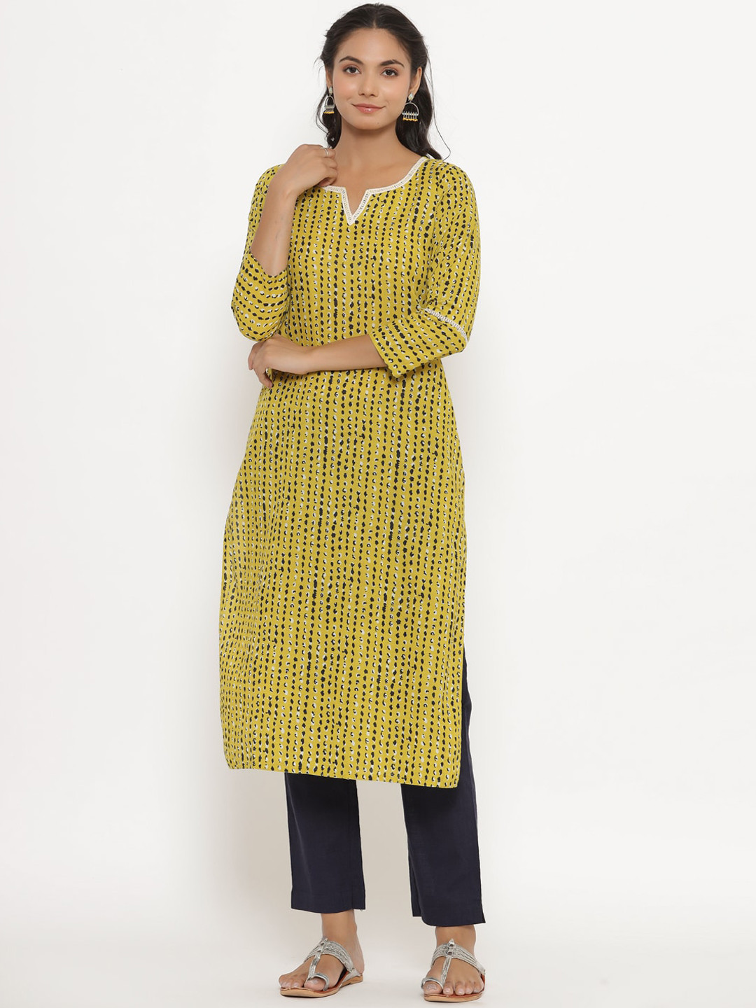 CRAFIQA Women Yellow Printed Pleated Pure Cotton Kurti with Trousers
