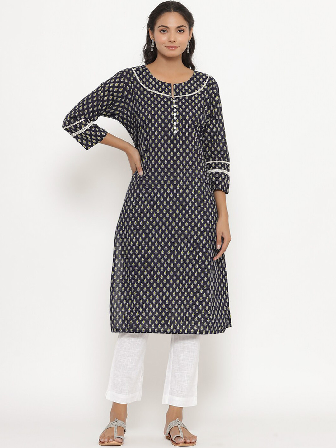 CRAFIQA Women Blue Ethnic Motifs Printed Pure Cotton Kurti with Trousers