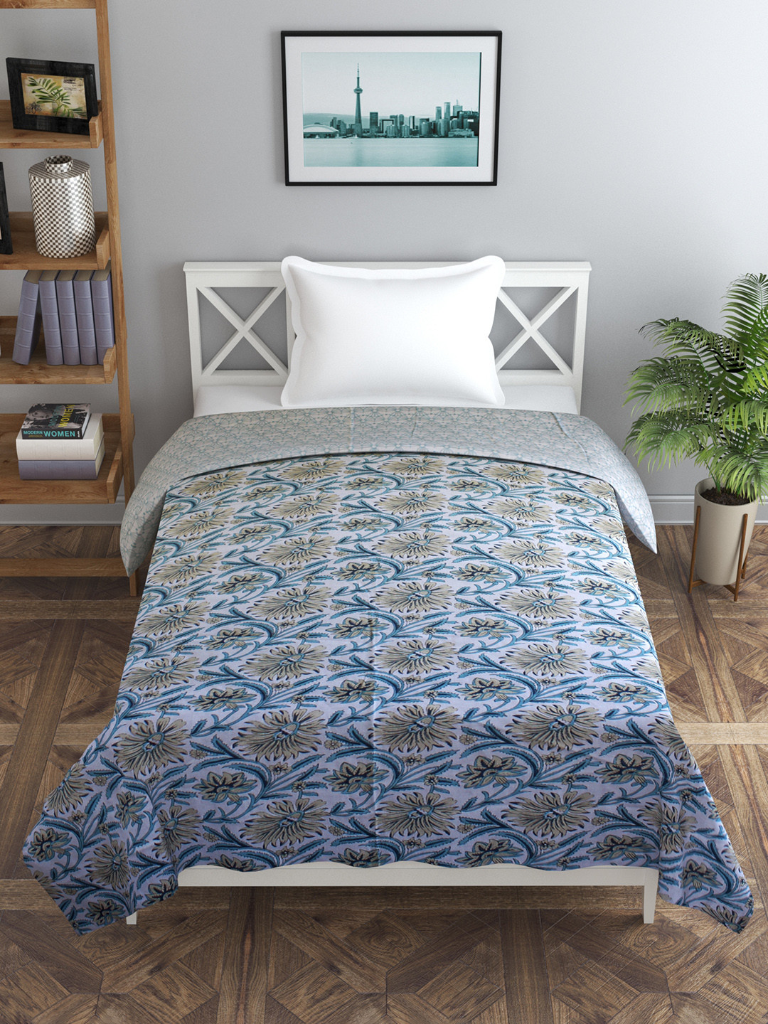 Trance home Linen Flora Blue 210 GSM Pure Cotton Reversible Single Bed Size Dohar