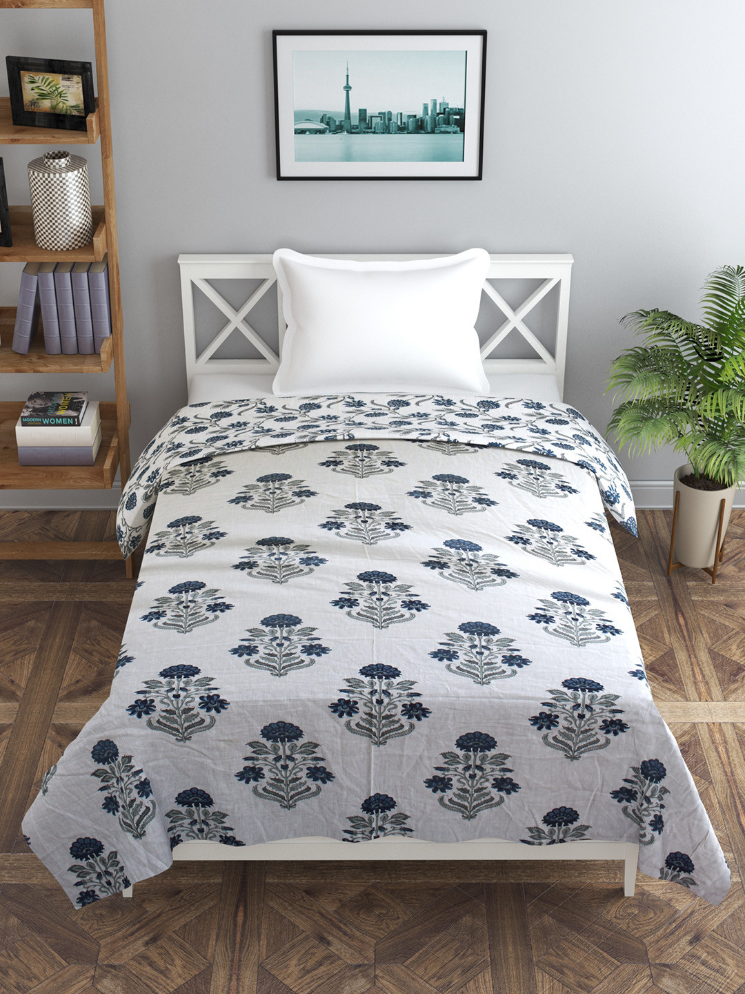 Trance home Linen Aangan Blue White 210 GSM Pure Cotton Reversible Single Bed Size Dohar