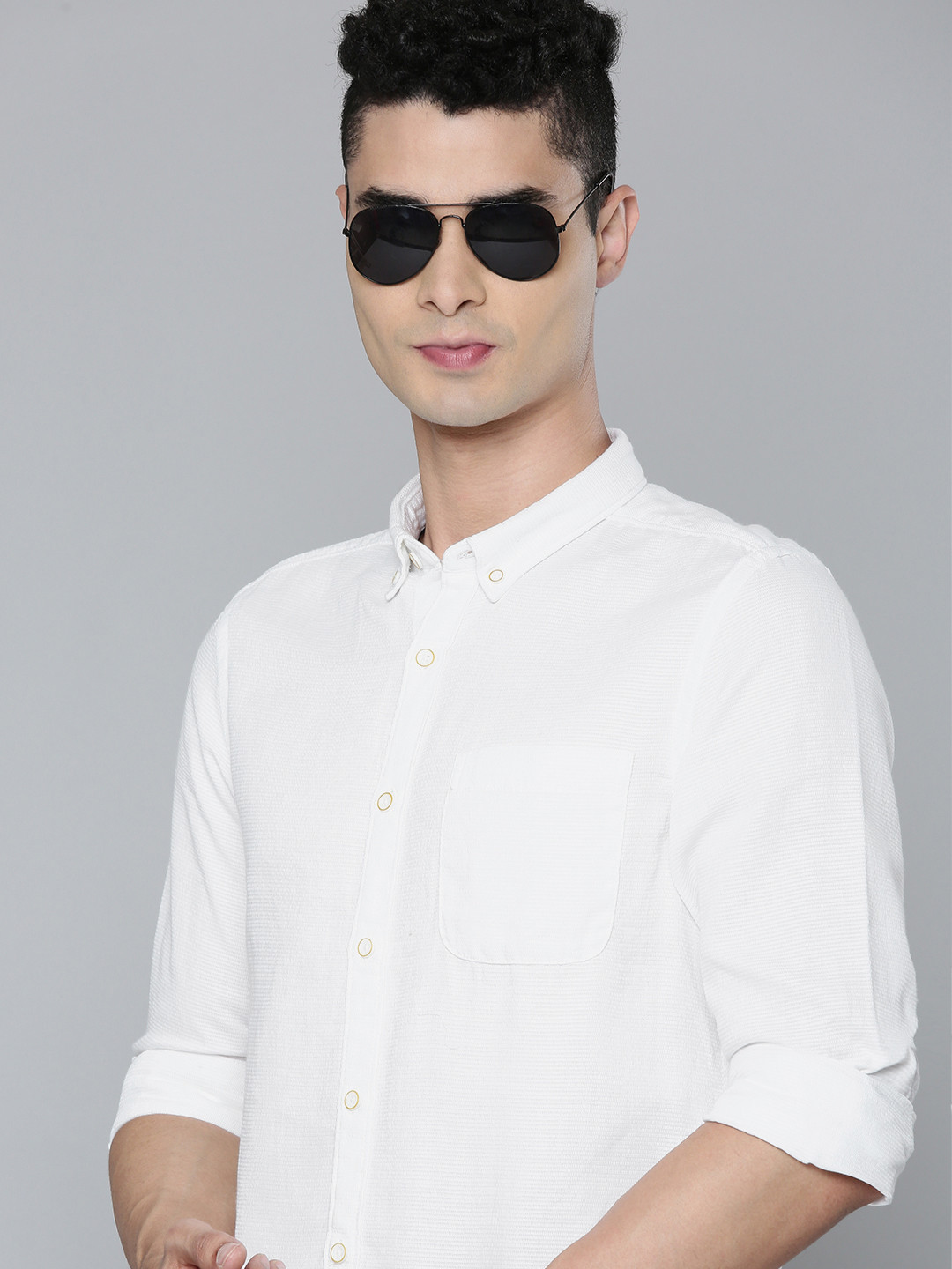 Flying Machine Men White Horizontal Stripes Opaque Self Design Pure Cotton Casual Shirt