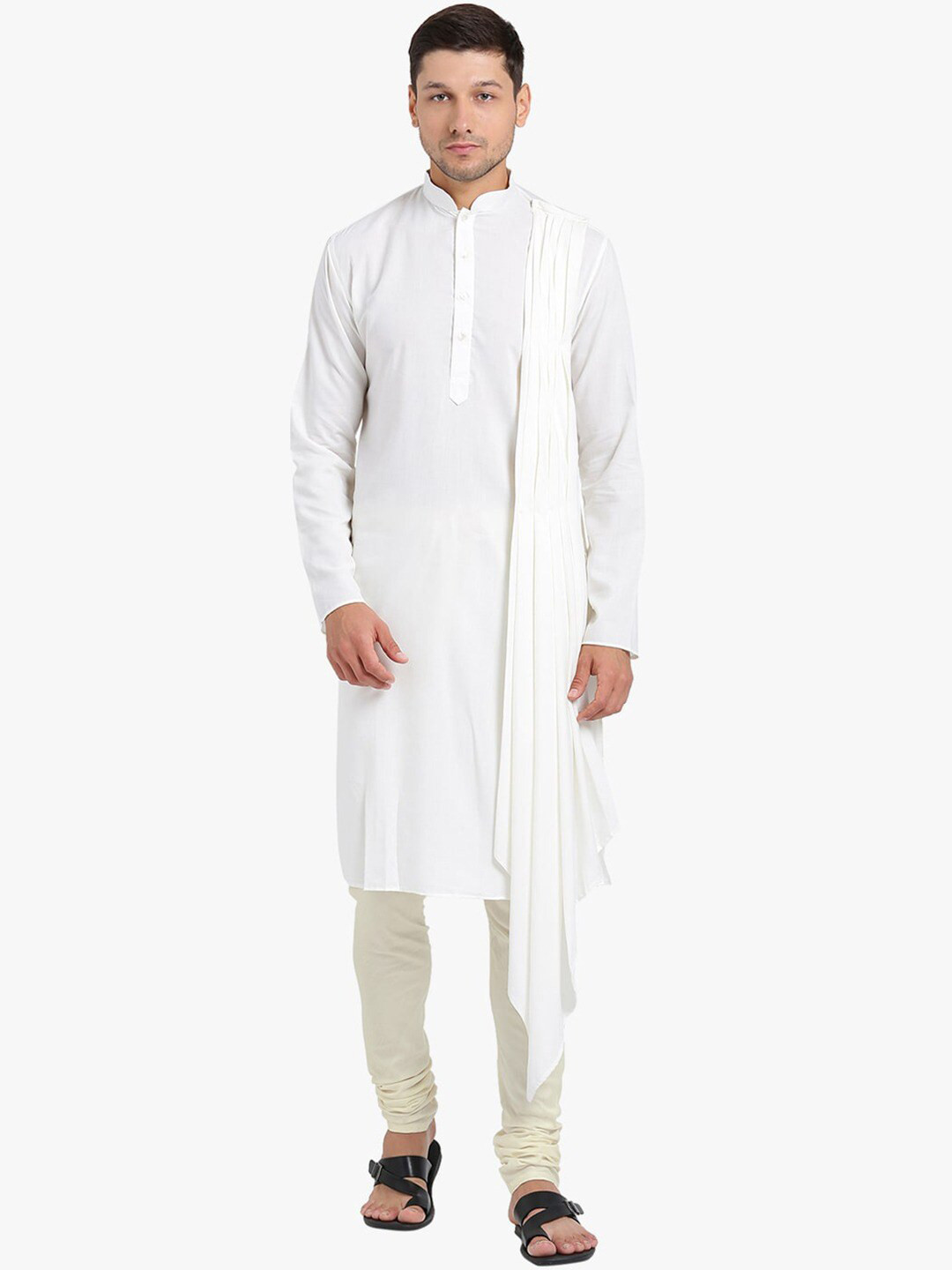 KISAH Men White & light cyan Thread Work Kurta