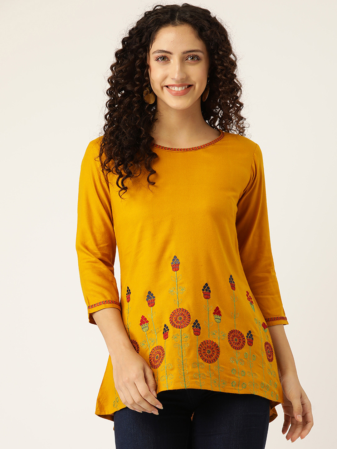 MissKurti Mustard Viscose Rayon Embroidered Tunic