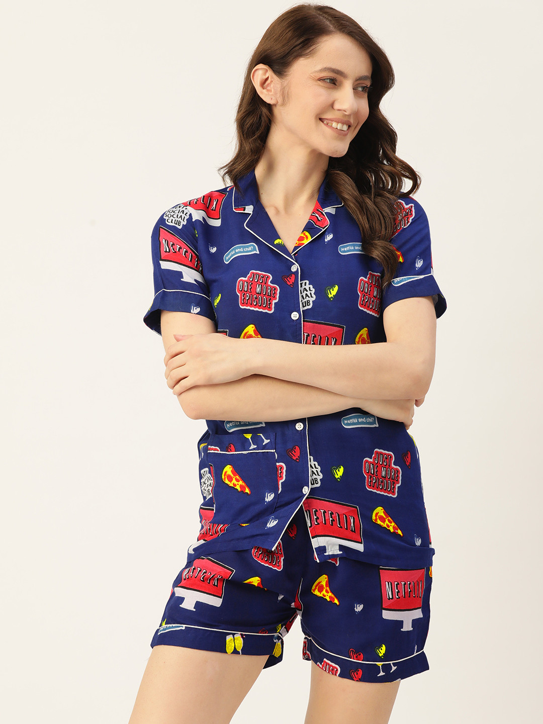 MissKurti Women Blue & Red Conversational Printed Night suit