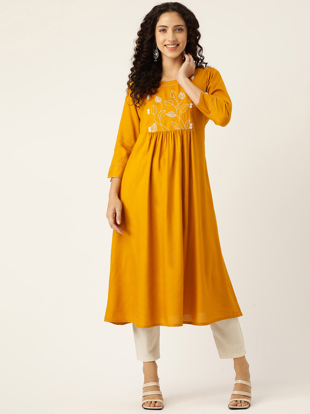 MissKurti Women Mustard Yellow Ethnic Motifs Embroidered Kantha Work Anarkali Kurta