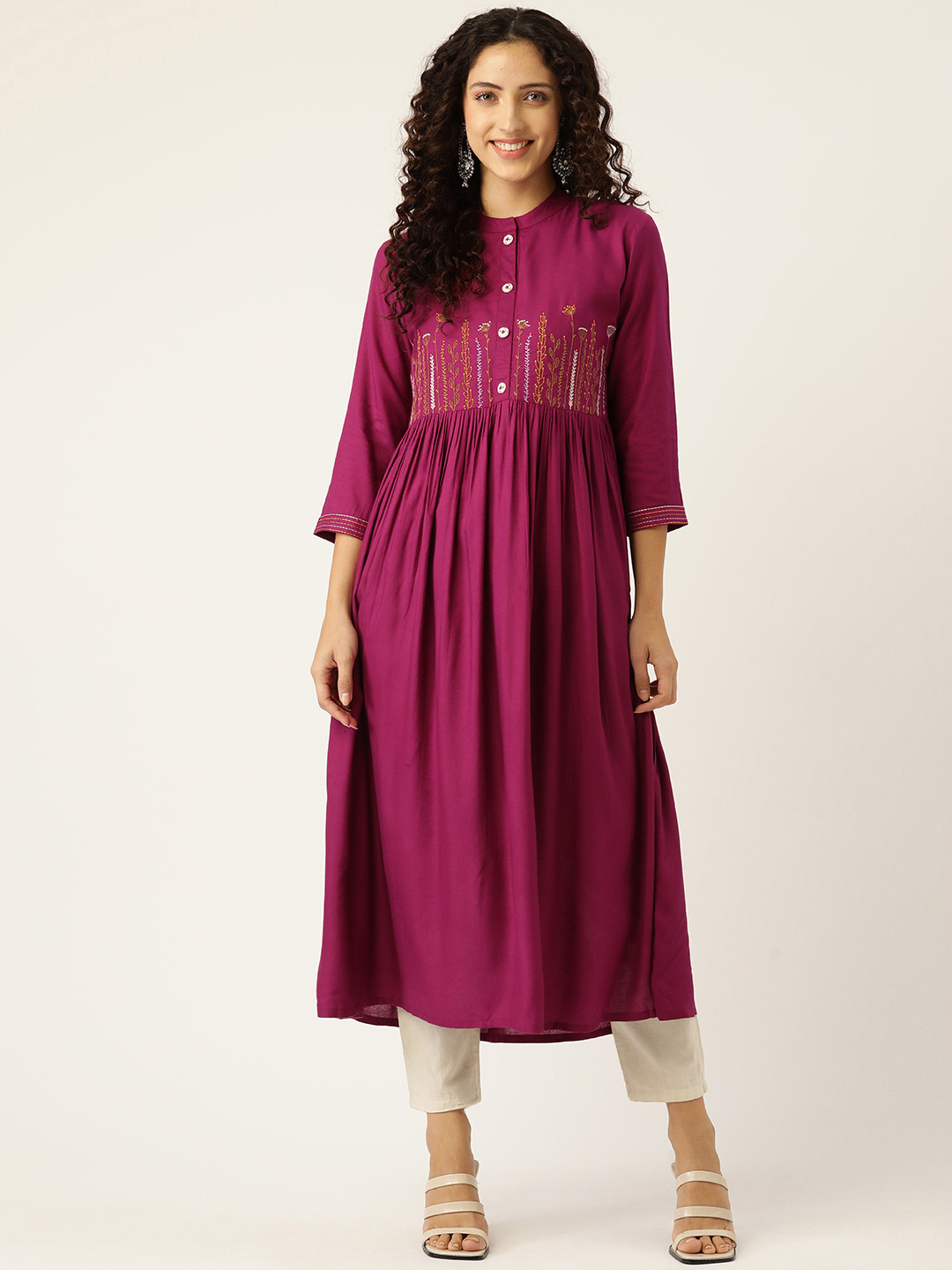 MissKurti Women Magenta Ethnic Motifs Embroidered Thread Work Anarkali Kurta