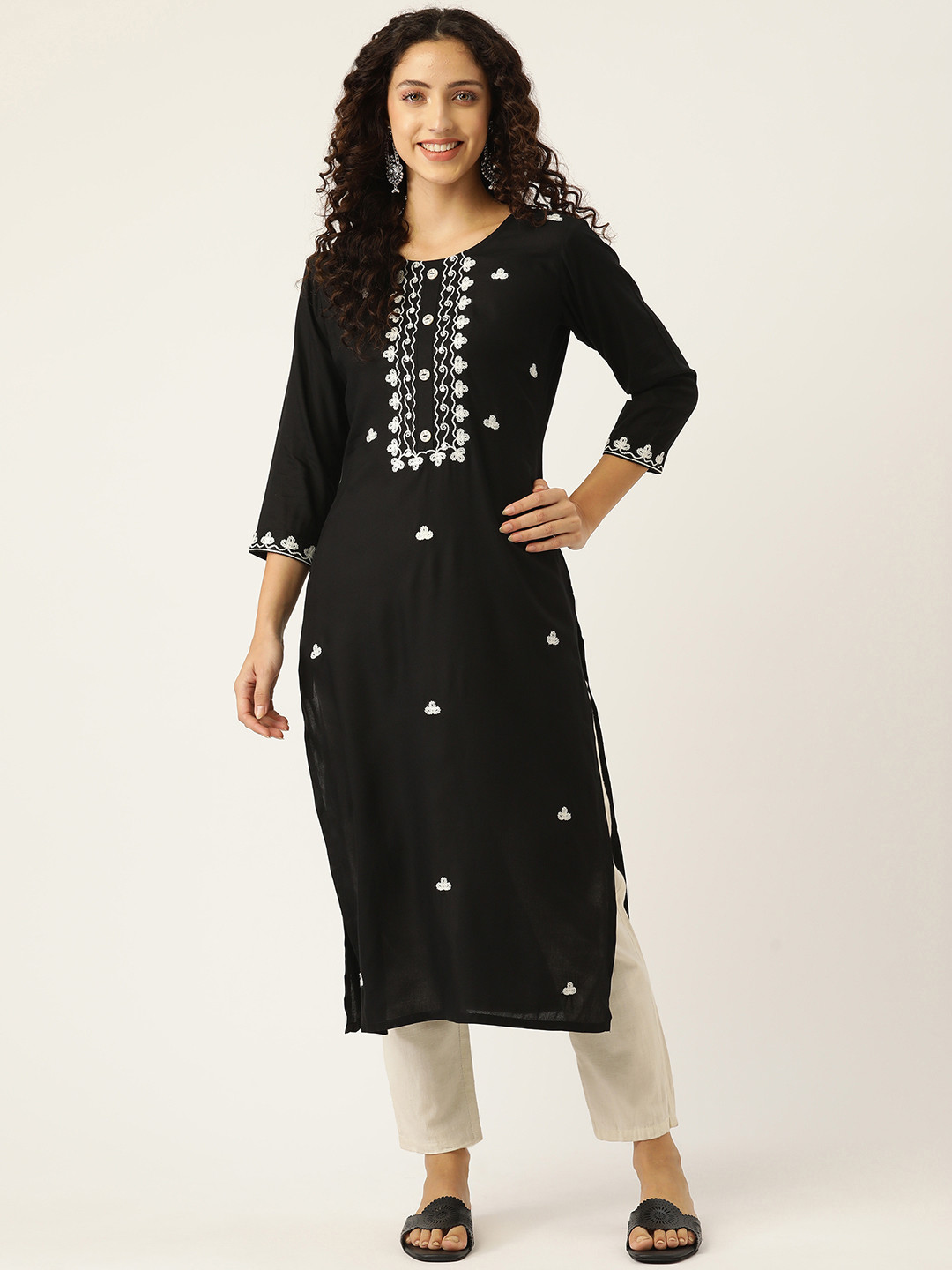 MissKurti Women Black Ethnic Motifs Yoke Design Thread Work Kurta