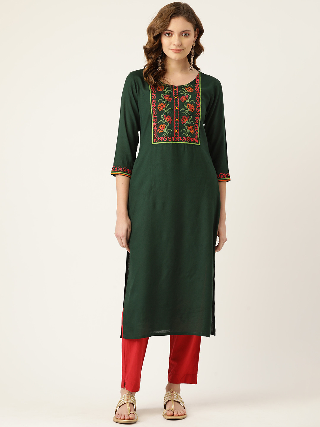 MissKurti Women Green Ethnic Motifs Embroidered Thread Work Kurta