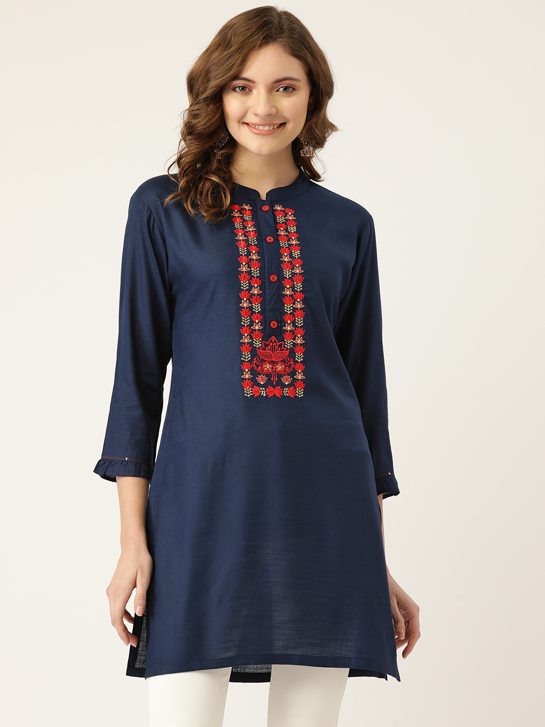 MissKurti Navy Blue Ethnic Motifs Yoke Design Thread Work Kurti