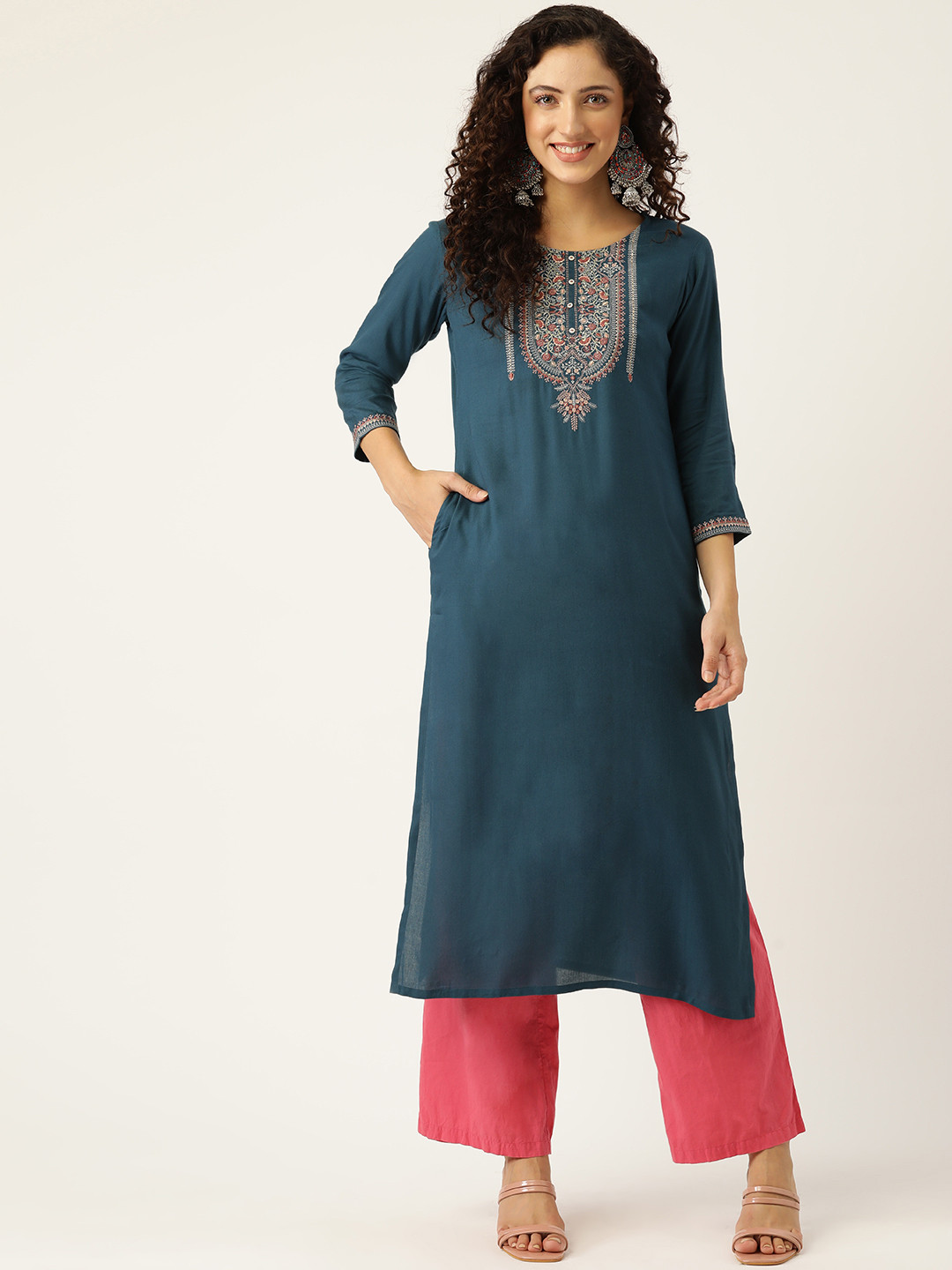 MissKurti Women Teal Green Ethnic Motifs Embroidered Thread Work Kurta