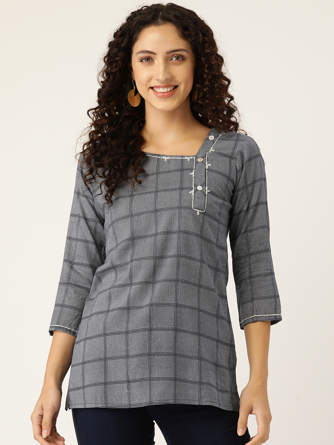 MissKurti Grey Printed Square Neck Thread Work Kurti
