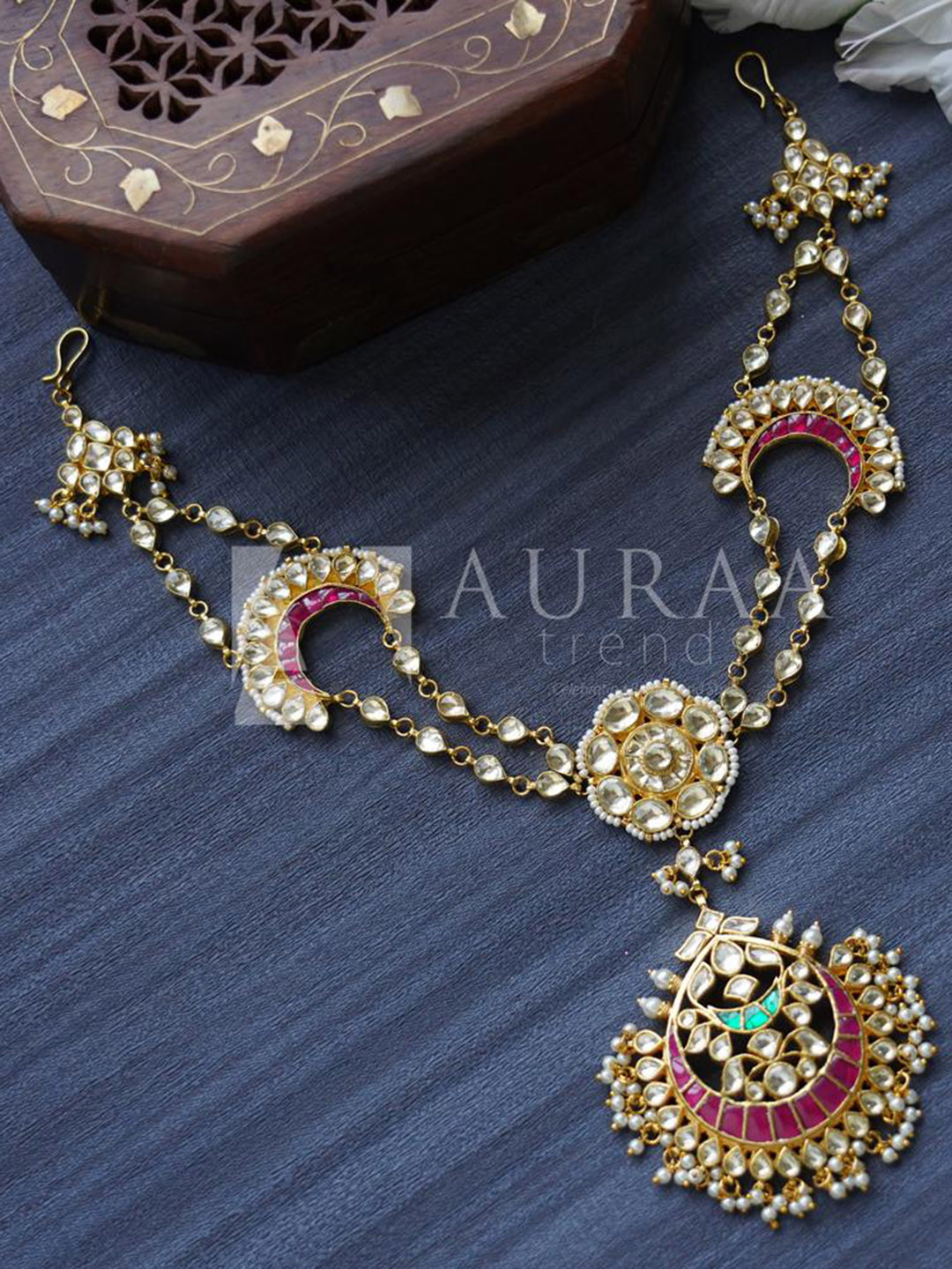 AURAA TRENDS Women Gold-Plated Red & White Stone-Studded & Pearl-Beaded Matha Patti
