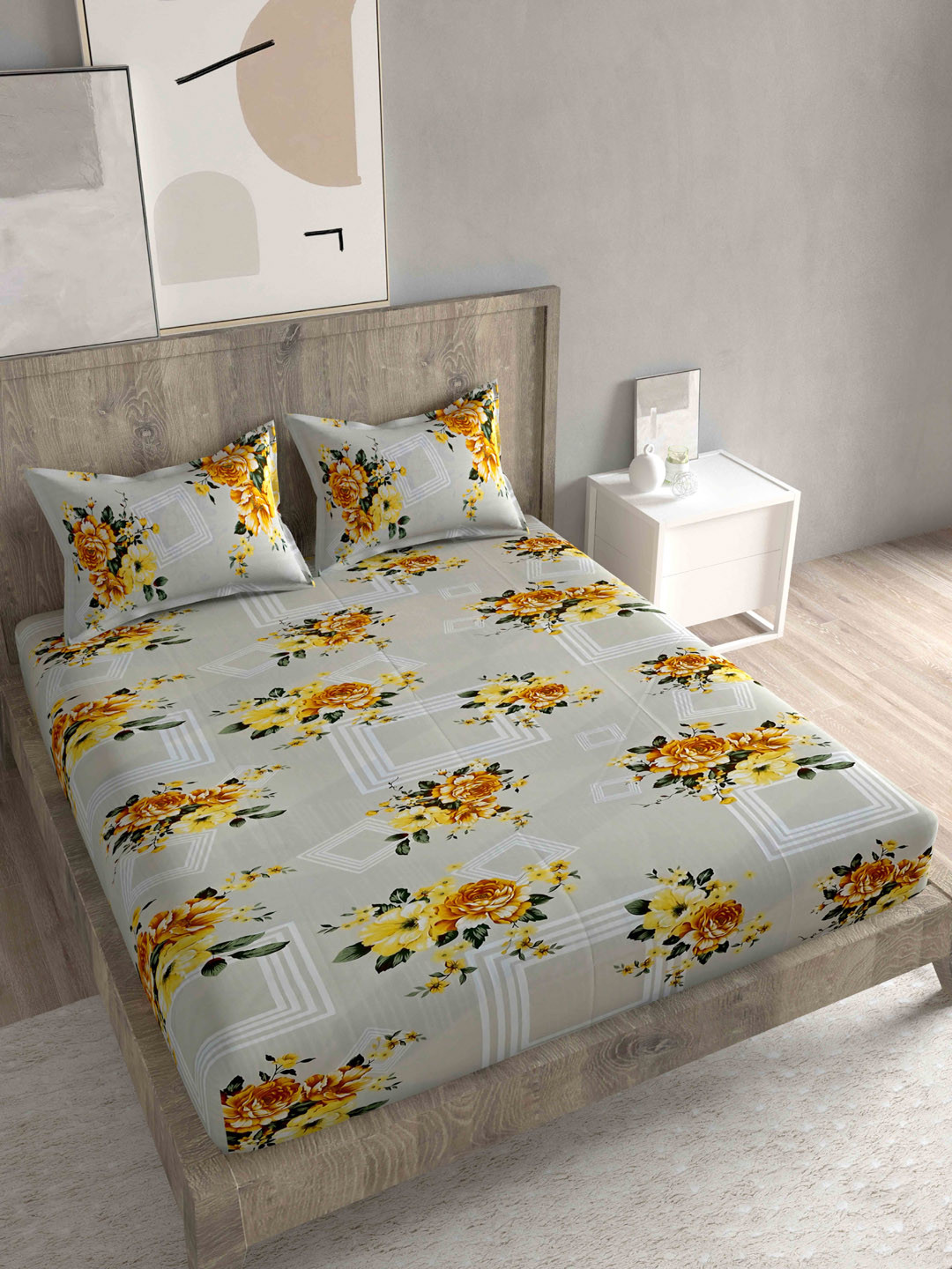 Spangle Premium Yellow Floral Cotton Skin-Friendly 260 TC King Superfine Bedsheet with 2 Pillow Covers-108 x 108 inches