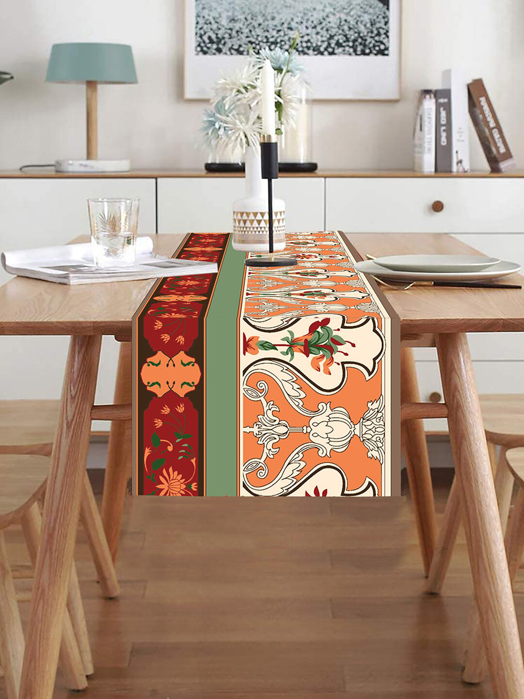 homewards Orange & Green Floral Printed Table Runner