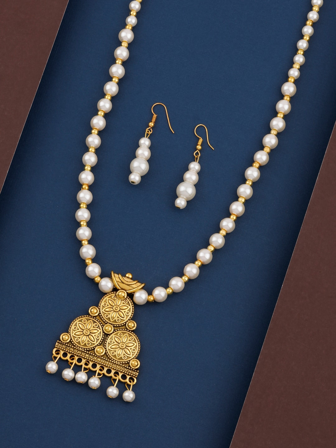 Silver Shine Gold-Plated White Stone-Studded & Beaded Jewellery Set