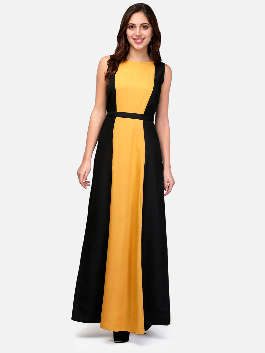 V&M Yellow & banana cream Colourblocked Crepe Maxi Dress