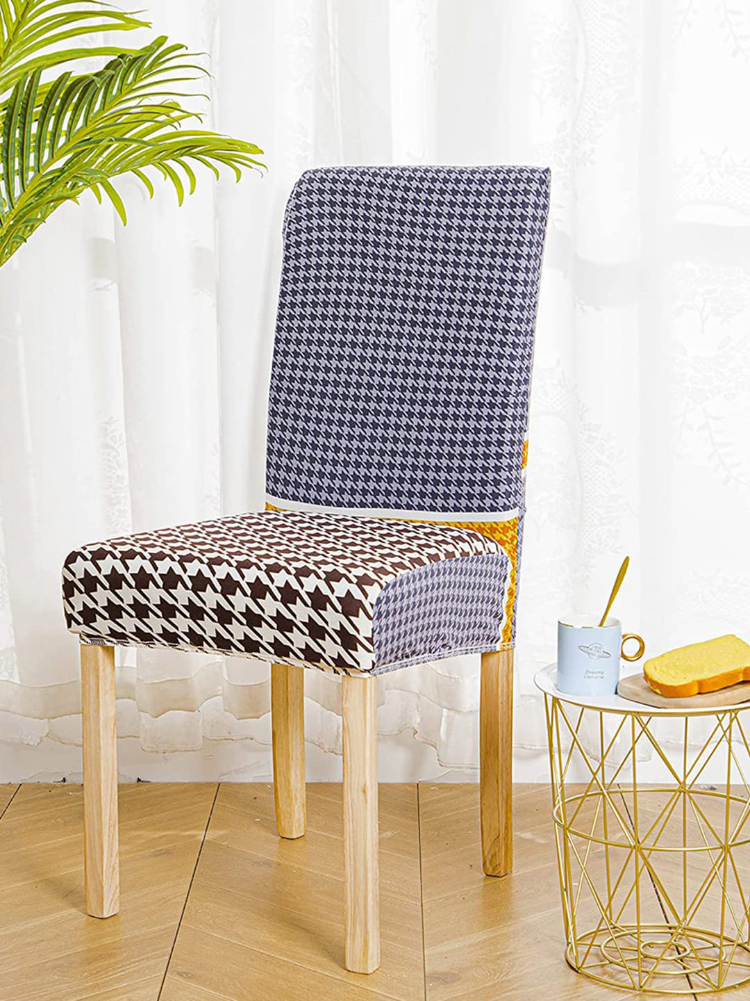 HOUSE OF QUIRK Set Of 2 White & Black Houndstooth Printed Chair Cover