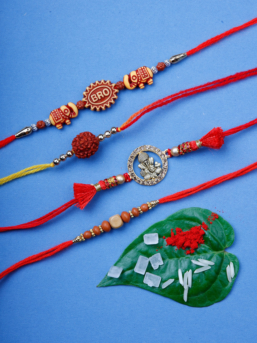 Ariana Men Set Of 4 Red & Gold-Coloured Beaded Rakhi With Rolichawal