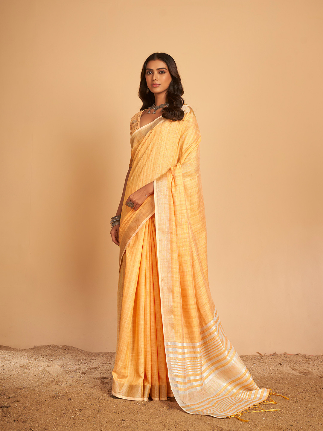 elora Women Orange Soft Linen Solid Foil Printed Designer Saree