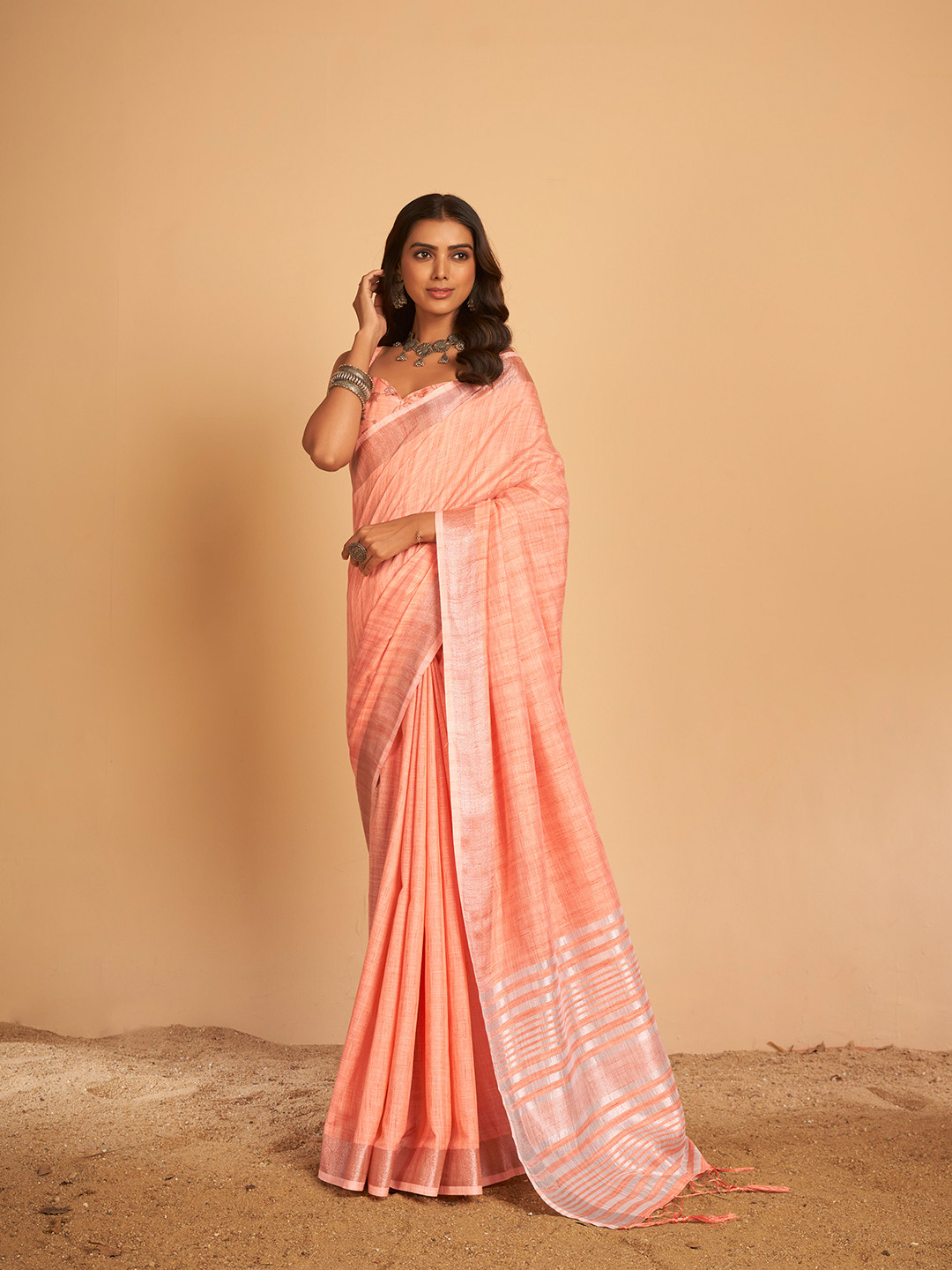 elora Peach & Silver-Toned Woven Design Linen Blend Bhagalpuri Saree