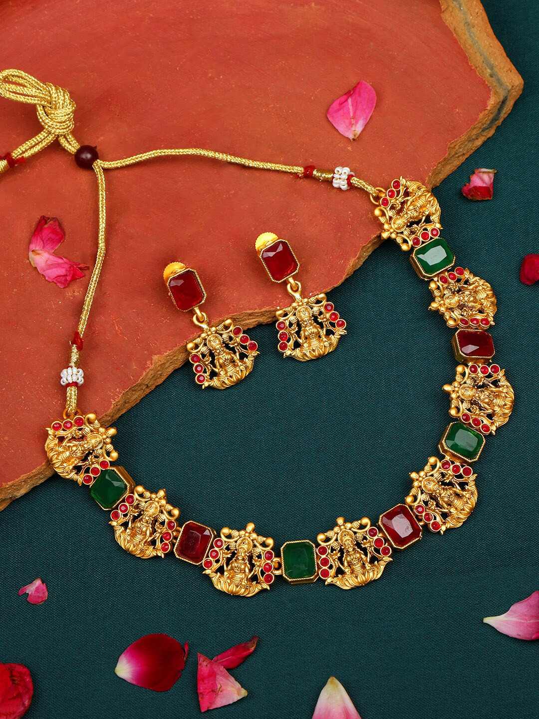AccessHer Gold-Plated Red Stone-Studded Temple Jewellery Set
