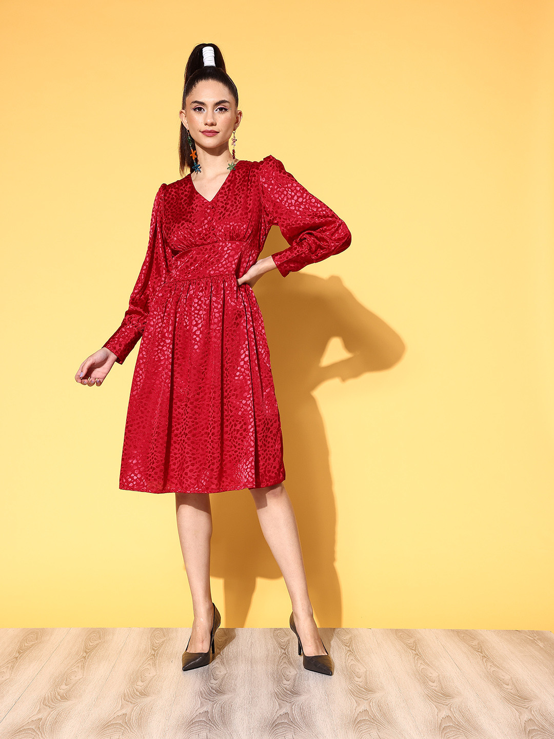 plusS Women Maroon Self-Design Retro Optimism Dress