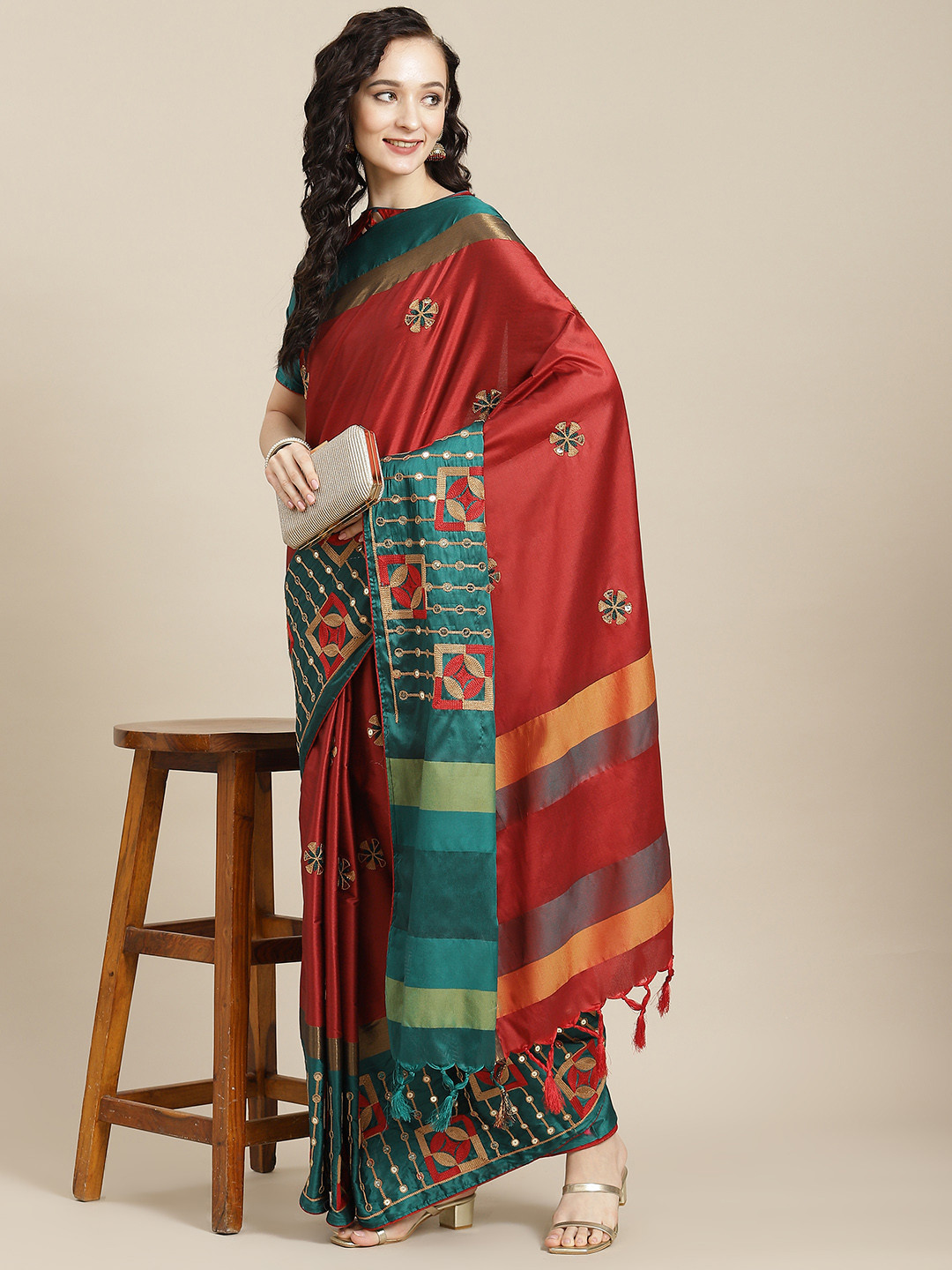 SERONA FABRICS Red & Green Sequined & Embroidered Silk Cotton Saree With Blouse
