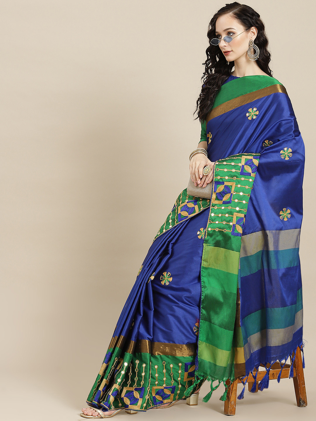 SERONA FABRICS Blue & Green Sequined & Embroidered Silk Cotton Saree With Blouse