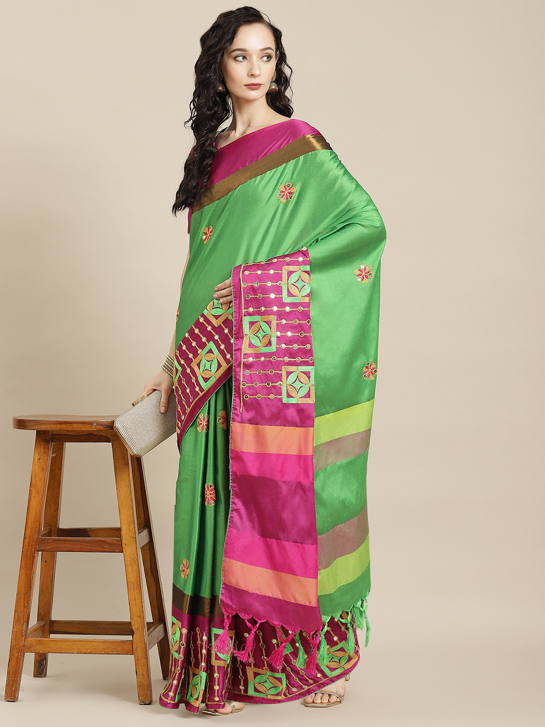 SERONA FABRICS Green & Pink Sequined & Embroidered Silk Cotton Saree With Blouse