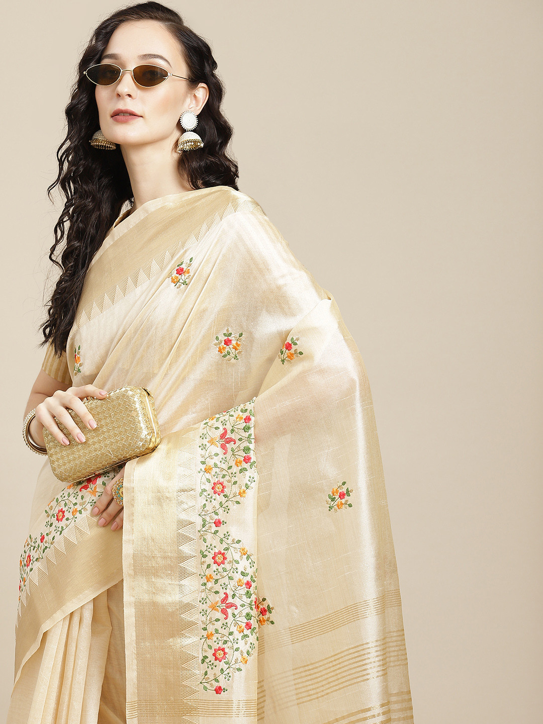 SERONA FABRICS Cream-Coloured Embroidered Woven Design Silk Cotton Saree with Blouse