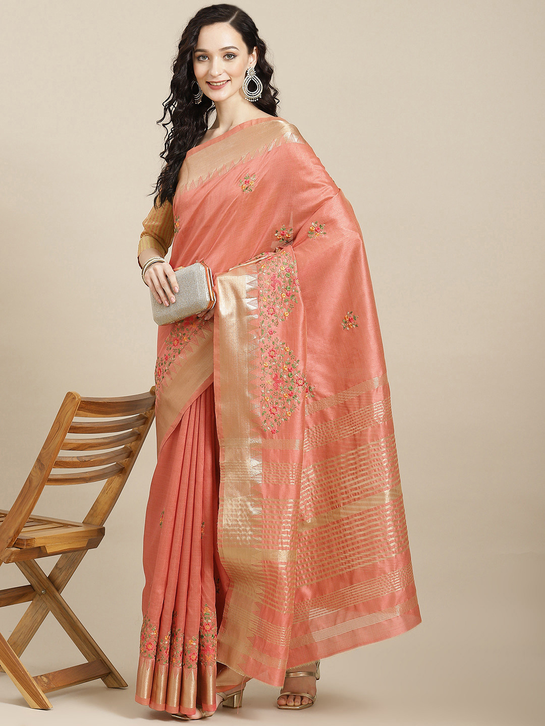 SERONA FABRICS Peach-Coloured Embroidered Woven Design Silk Cotton Saree with Blouse
