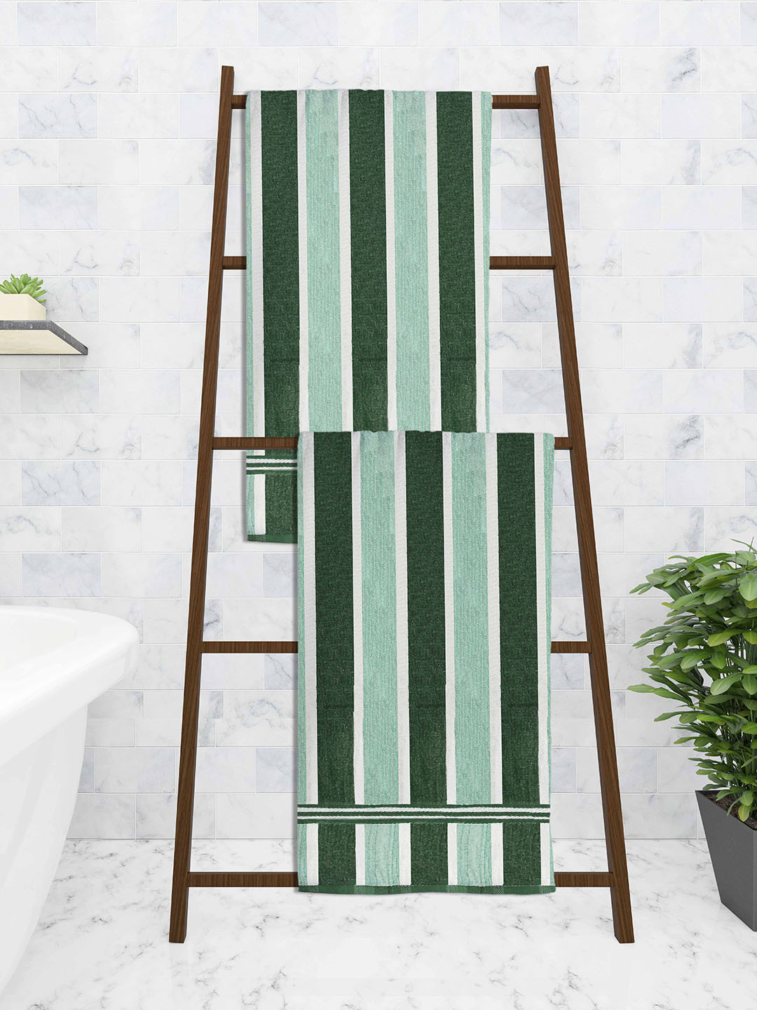 Athom Trendz Pack of 2 Green & White Stripped Printed 210 GSM Cotton Bath Towels