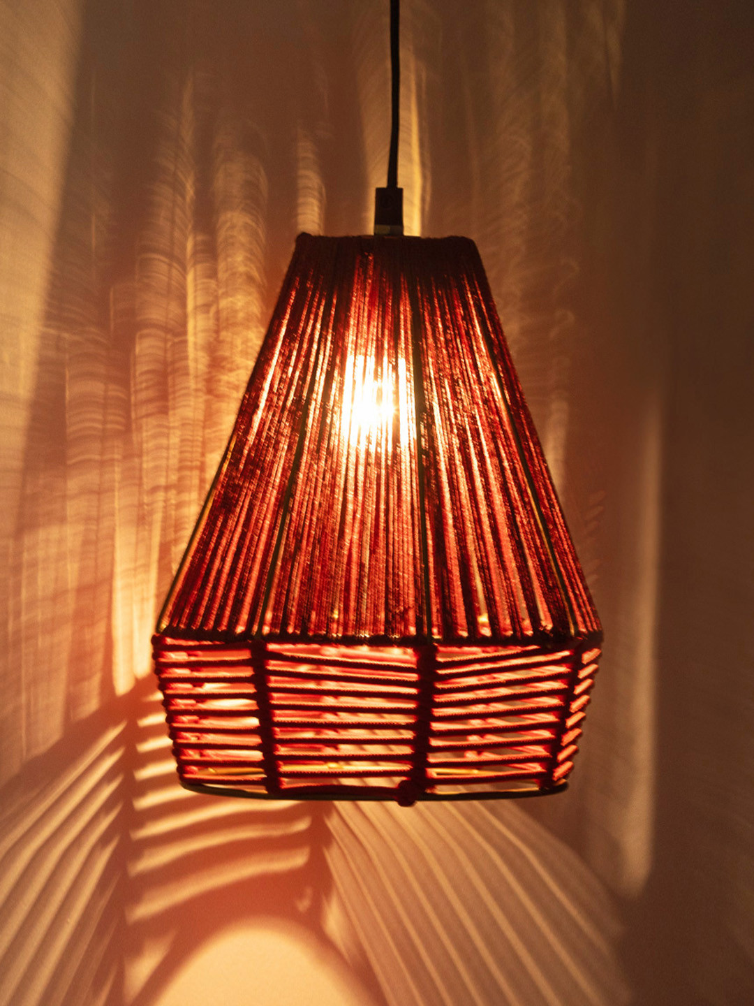 ExclusiveLane Red Solid Handwoven Pyramidal Hanging Pendant Ceiling Lamps